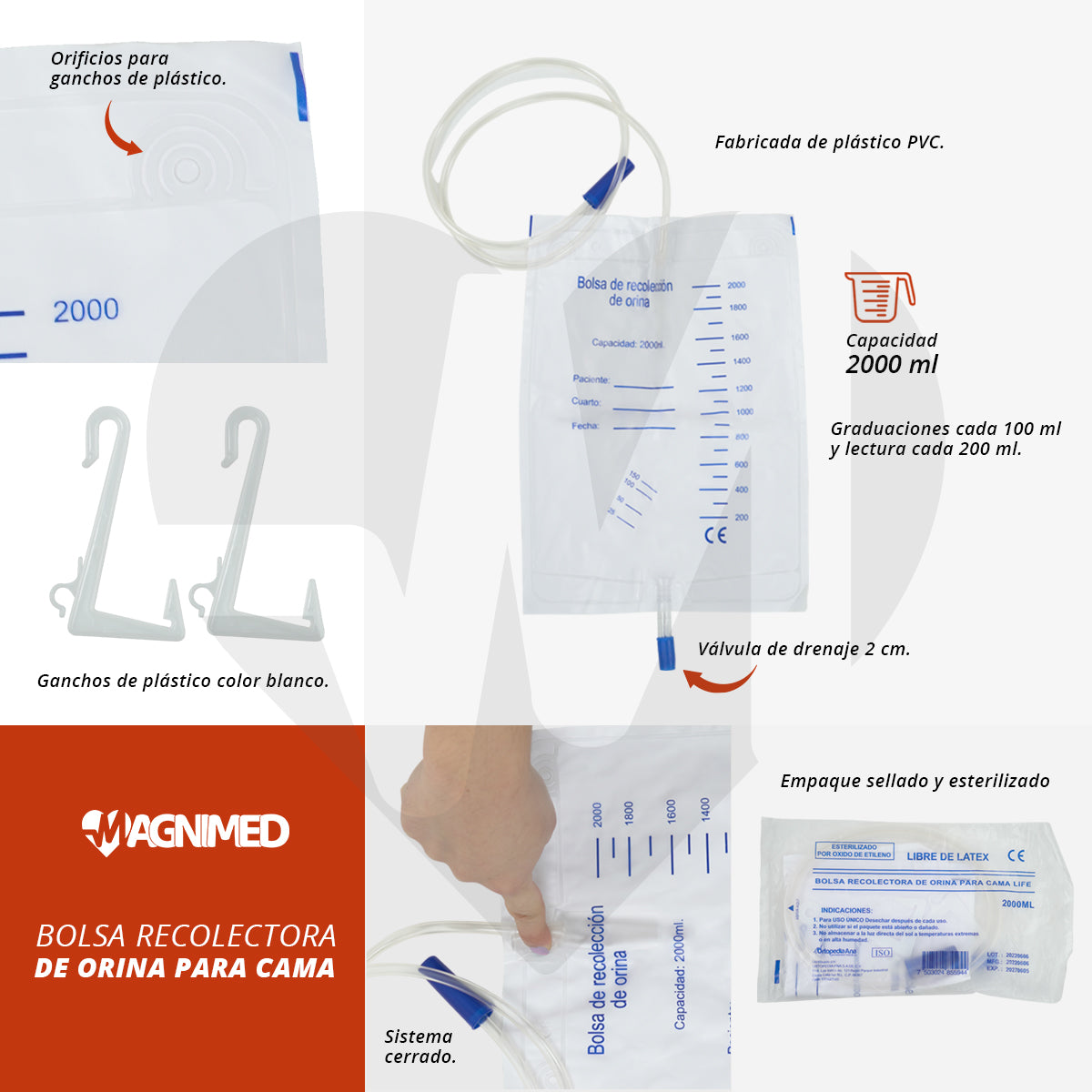Bolsa Recolectora de Orina 2000 Ml para Cama - 10 Piezas