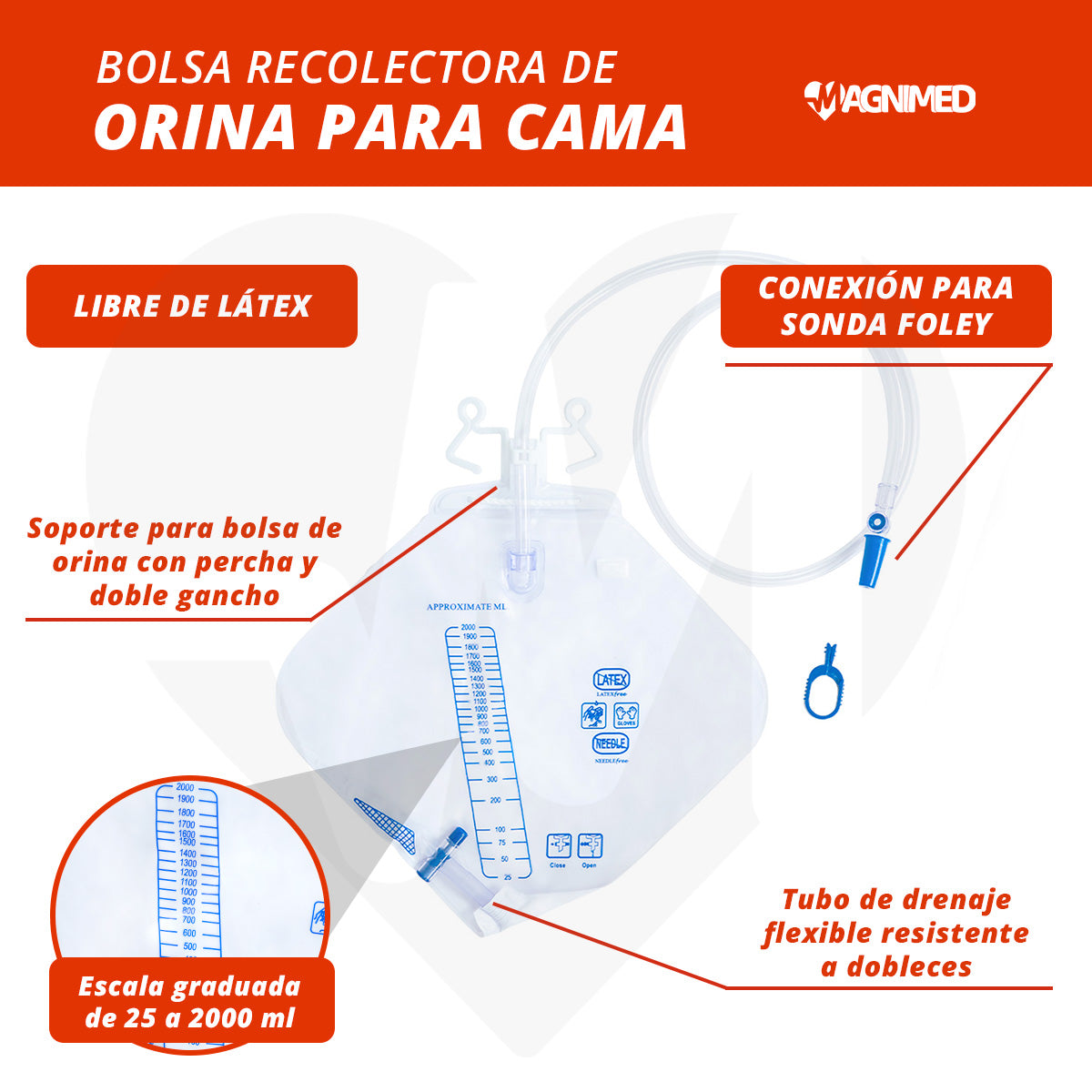 Soporte para bolsa de orina con percha y doble gancho