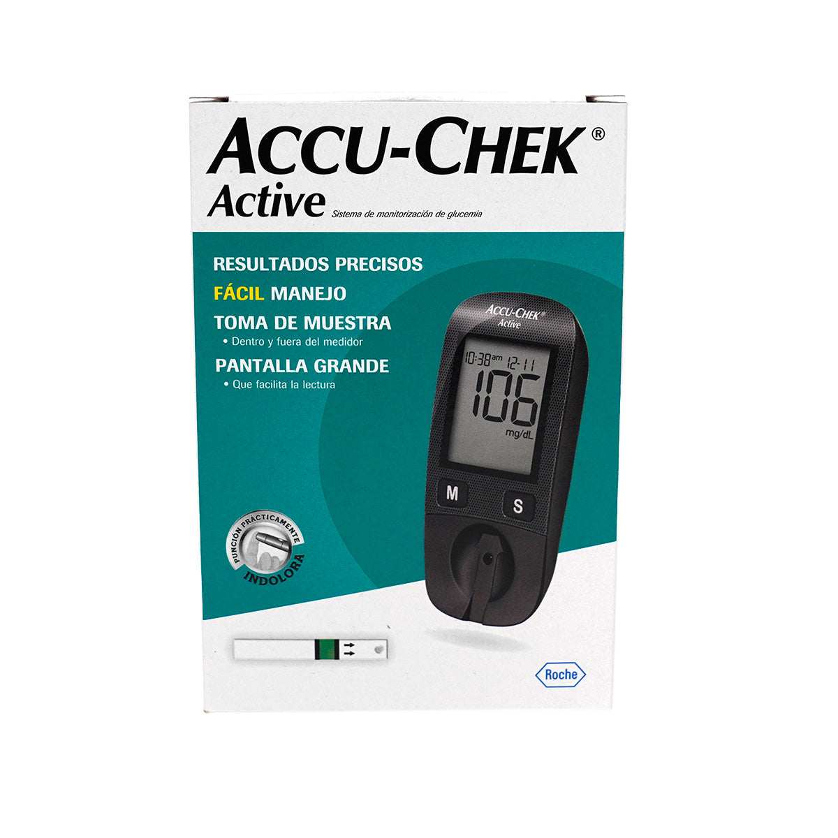 Glucómetro Accu Check Active Incluye Tiras y Punzador Con Funda Color Negro