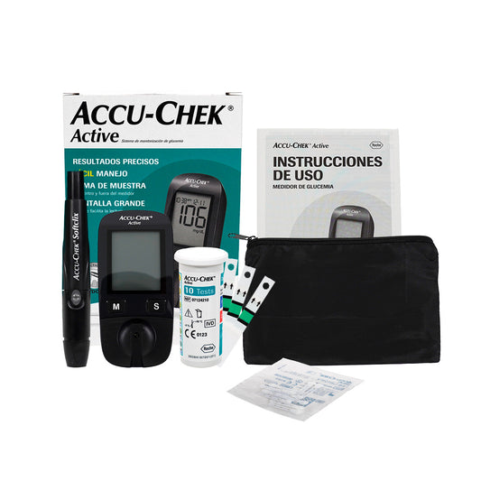 Glucómetro Accu Check Active Incluye Tiras y Punzador Con Funda Color Negro