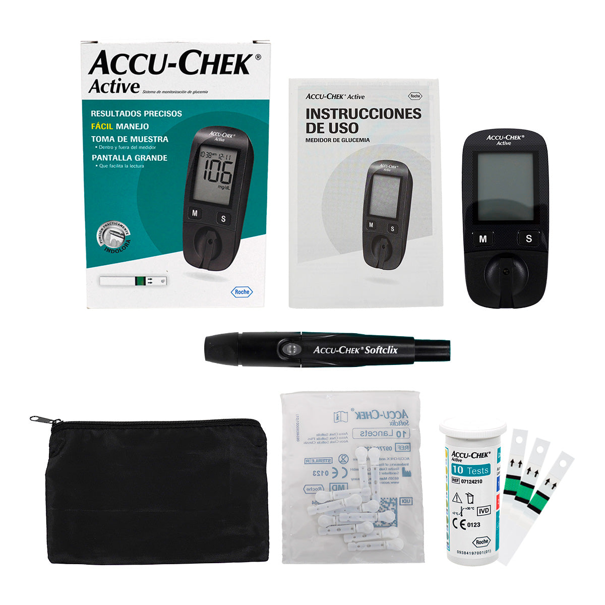 Glucómetro Accu Check Active Incluye Tiras y Punzador Con Funda Color Negro