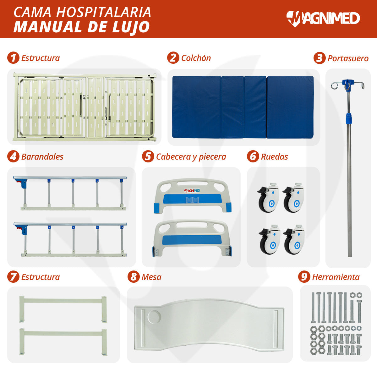 Cama de Hospital Manual de Lujo con Barandales, Porta Suero y Mesa para Alimentos | Acero inoxidable, Soporta hasta 150 Kg