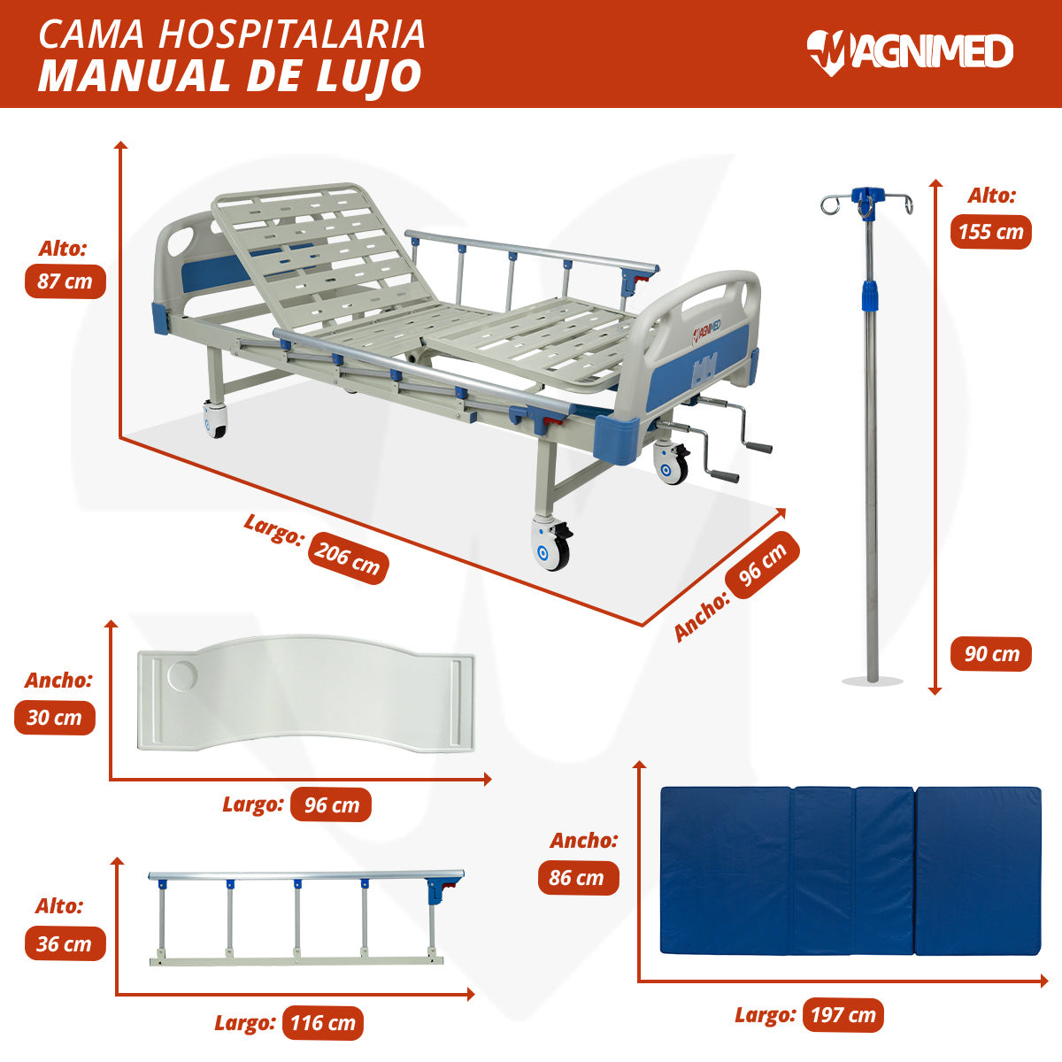 Cama de Hospital Manual de Lujo con Barandales, Porta Suero y Mesa para Alimentos | Acero inoxidable, Soporta hasta 150 Kg