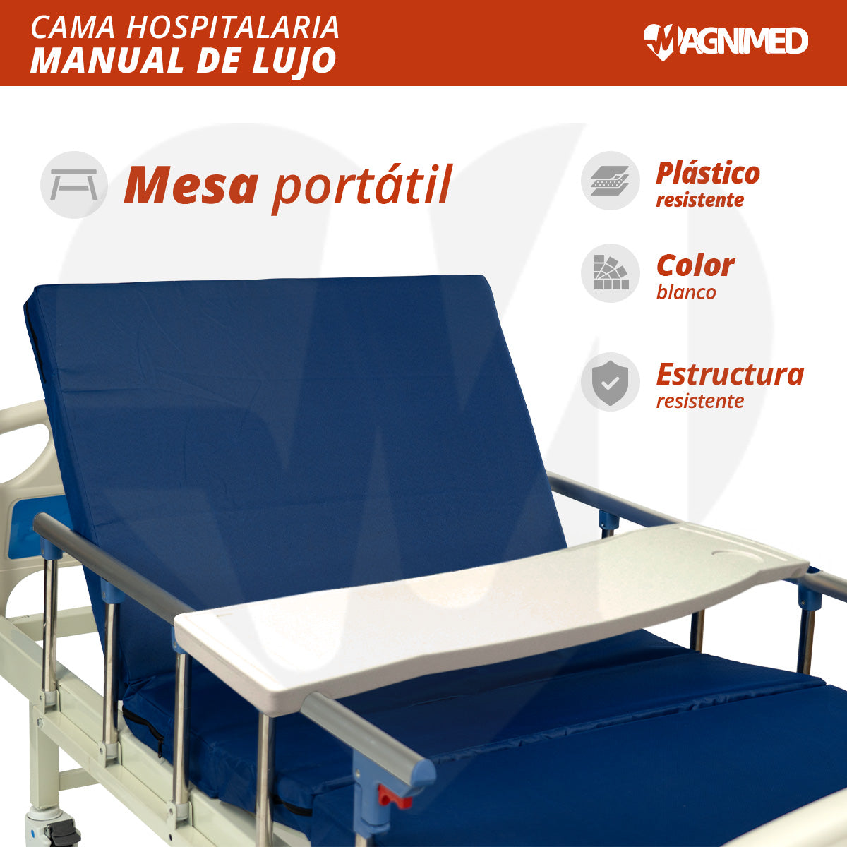 Cama de Hospital Manual de Lujo con Barandales, Porta Suero y Mesa para Alimentos | Acero inoxidable, Soporta hasta 150 Kg
