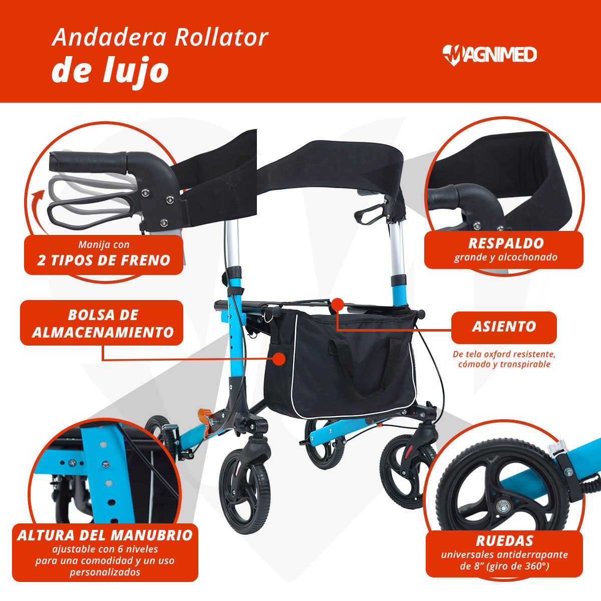 Andadera rollator traslado de aluminio de lujo plegable