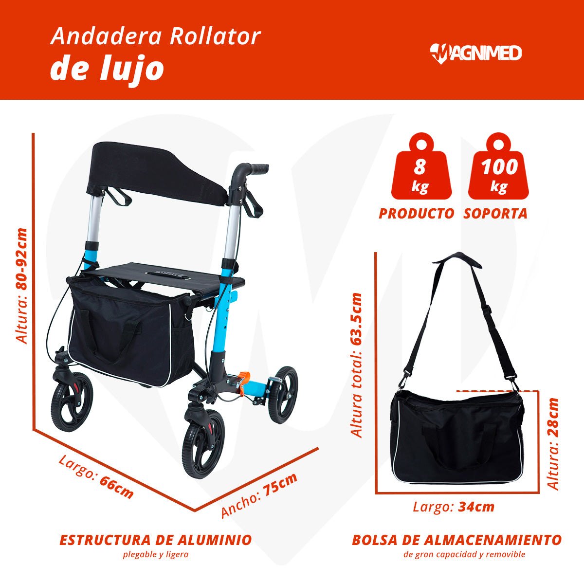 Andadera rollator traslado de aluminio de lujo plegable