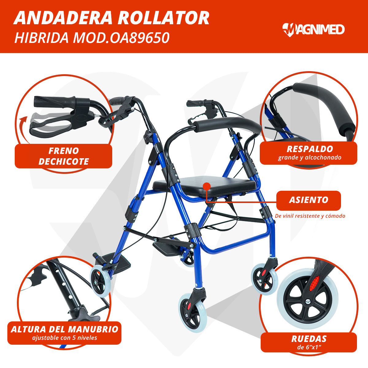 Andadera Rollator Híbrida Color Azul con Descansapies Soporta hasta 100 Kg