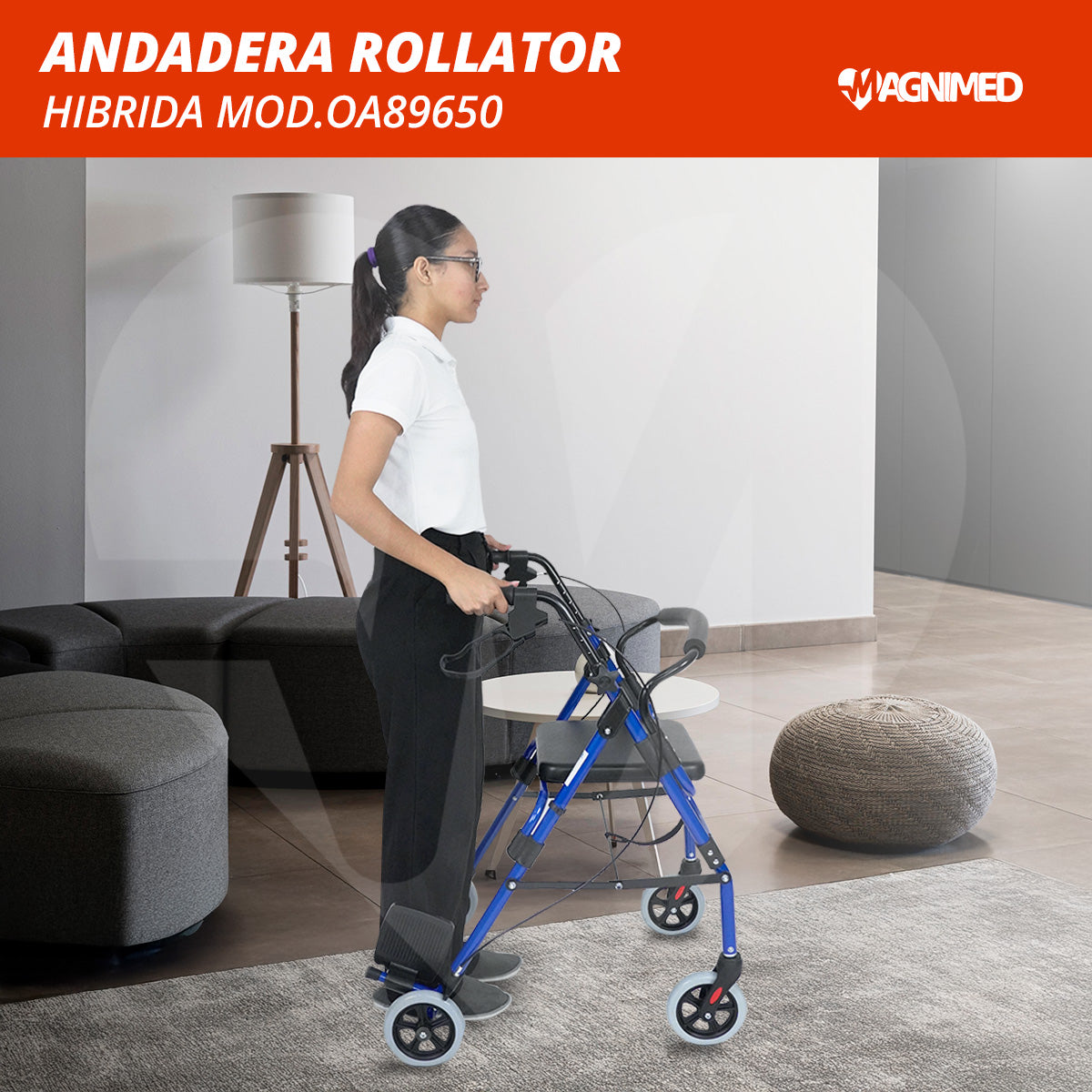 Andadera Rollator Híbrida Color Azul con Descansapies Soporta hasta 100 Kg