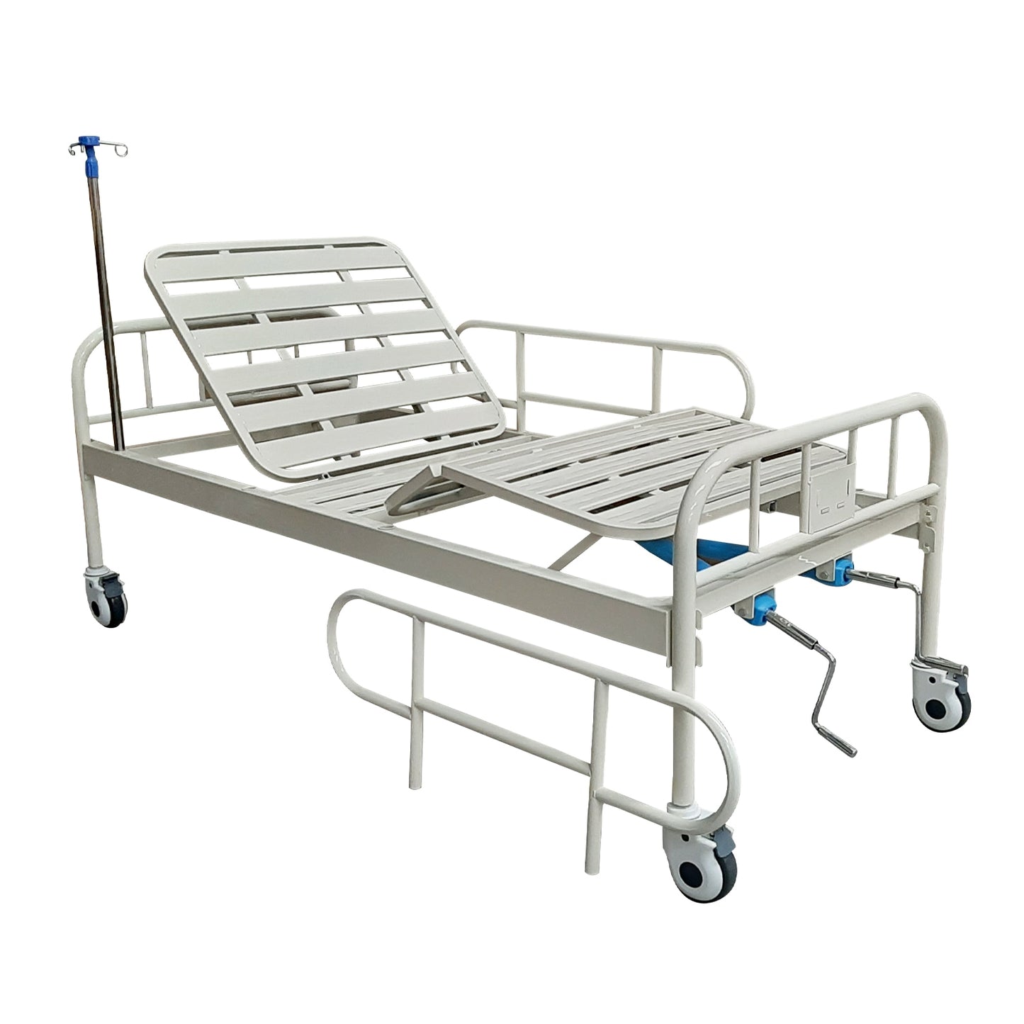Cama manual de 2 manivelas con barandales y porta suero