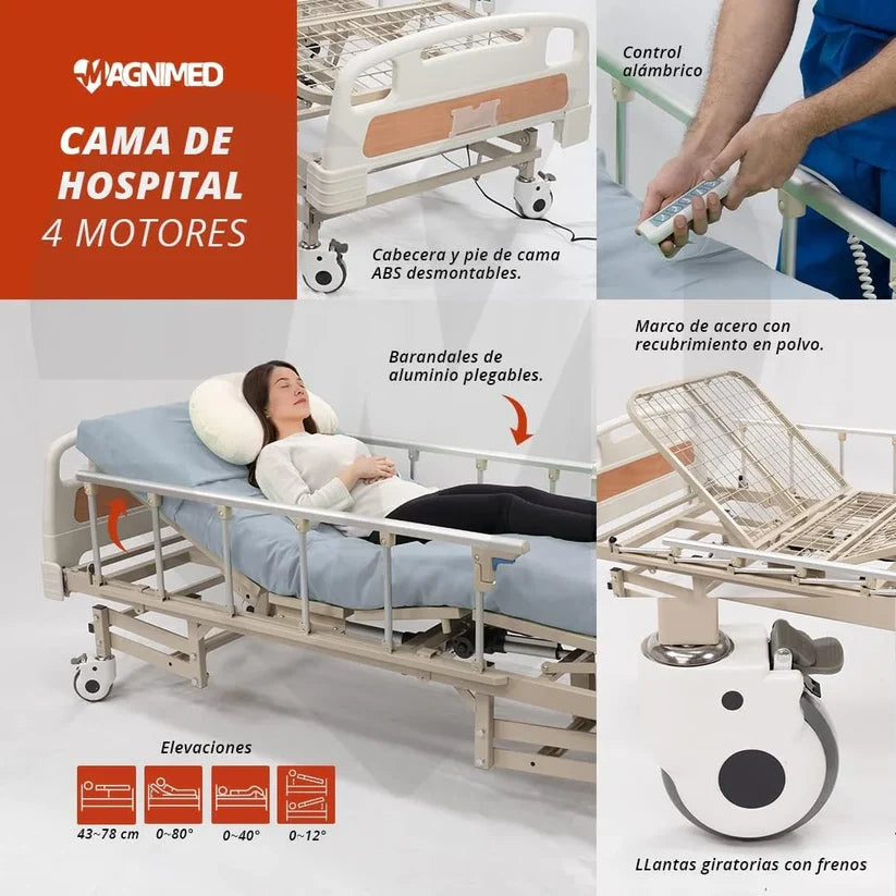 Cama Hospitalaria Eléctrica 5 Posiciones, Incluye: Colchón 4 Secciones y Porta Suero (Soporta hasta 175 Kg)
