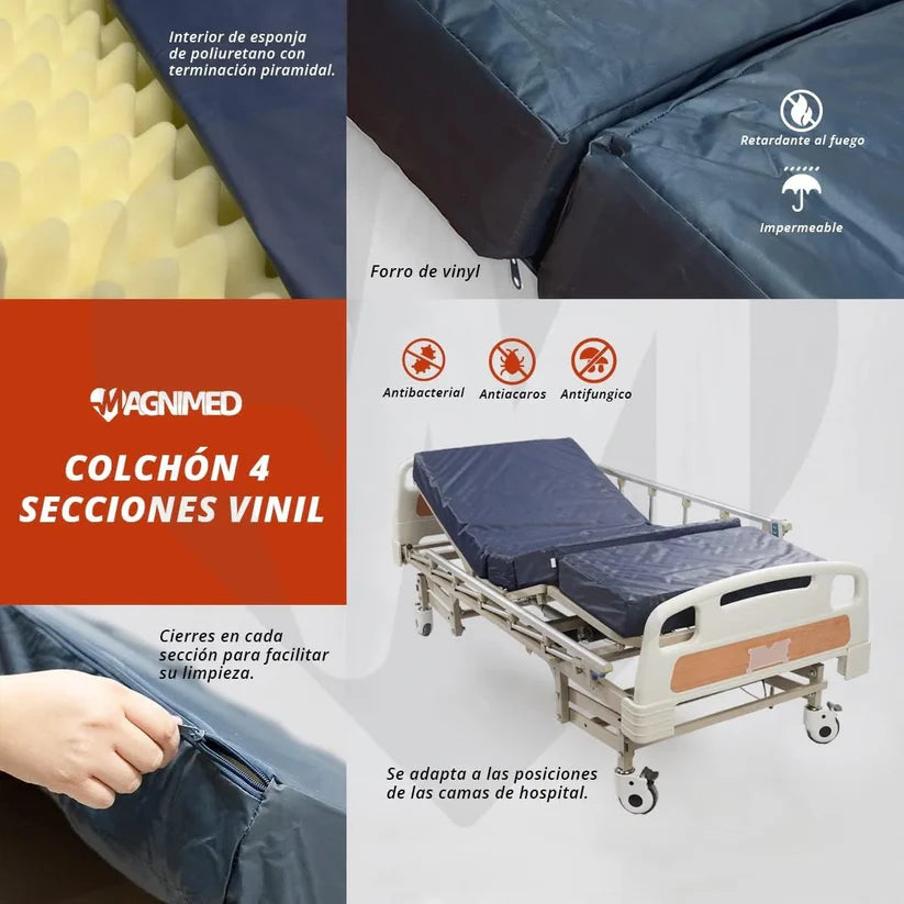 Cama Hospitalaria Eléctrica 5 Posiciones, Incluye: Colchón 4 Secciones y Porta Suero (Soporta hasta 175 Kg)