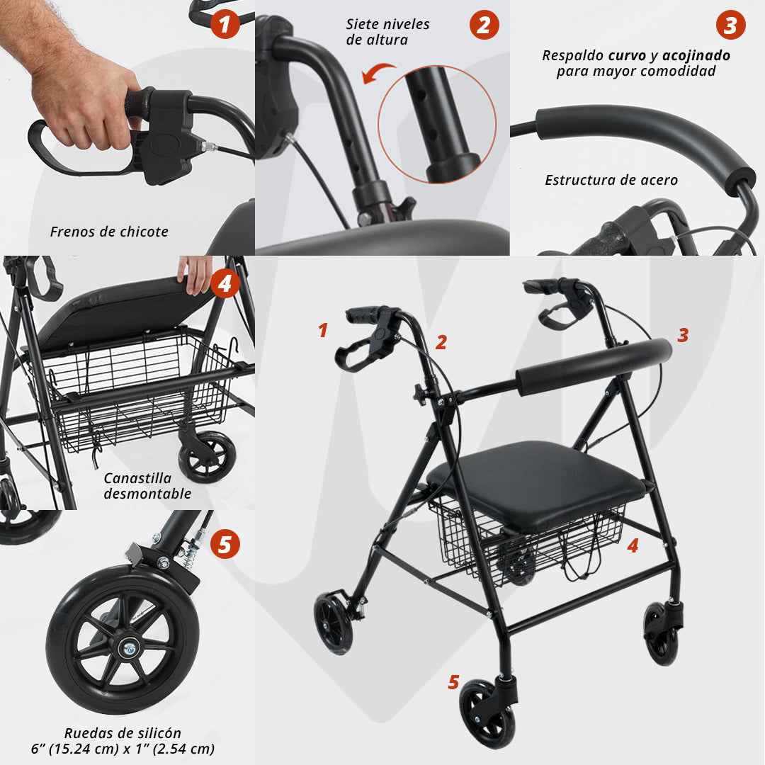 Andadera Rollator C/ Asiento Y Canastilla De Acero