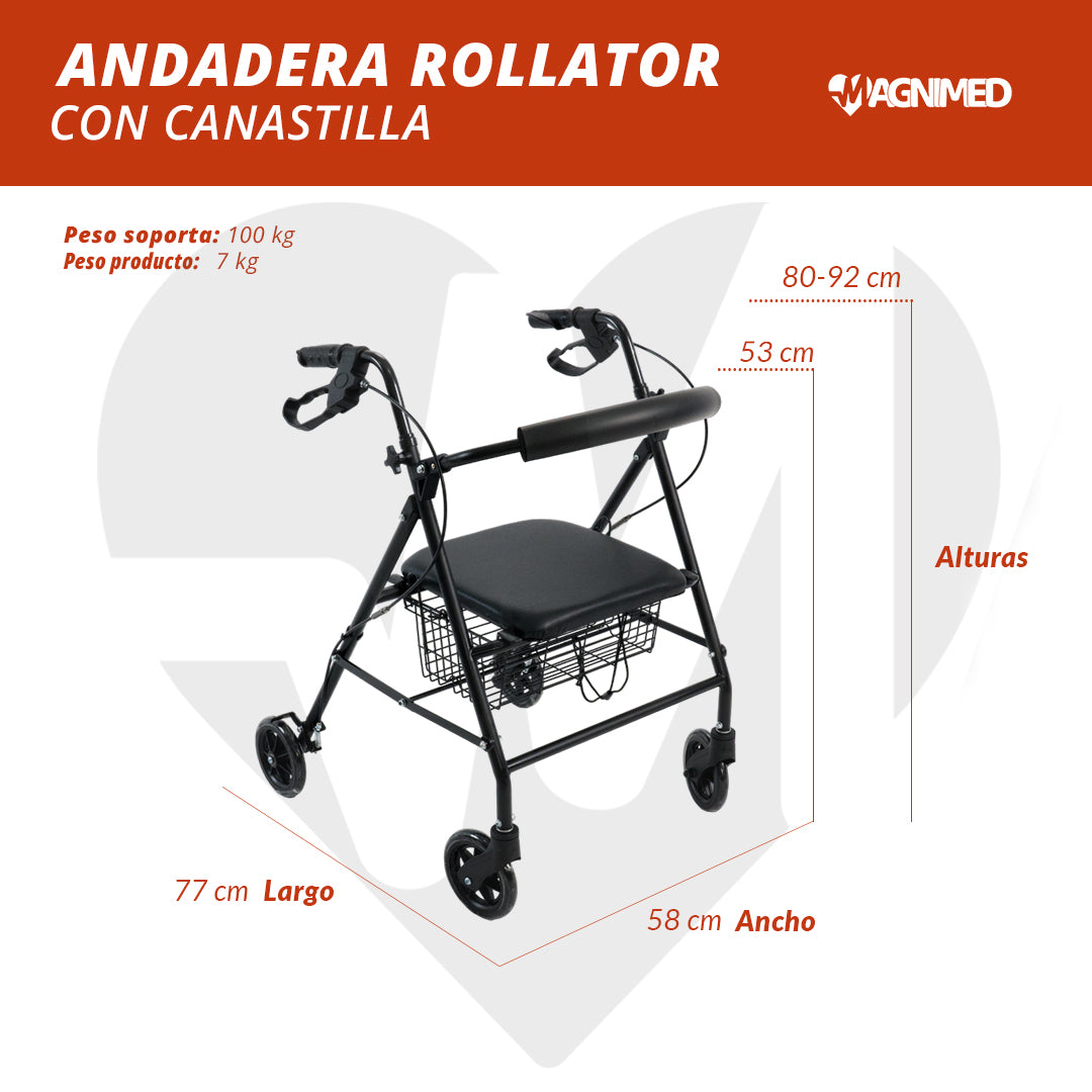 Andadera Rollator C/ Asiento Y Canastilla De Acero