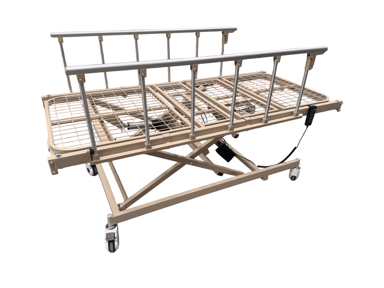 Cama de Hospital Eléctrica de 3 Posiciones | Estructura de Acero, Soporta hasta 150kg (Detalles estéticos, en barandal y control)