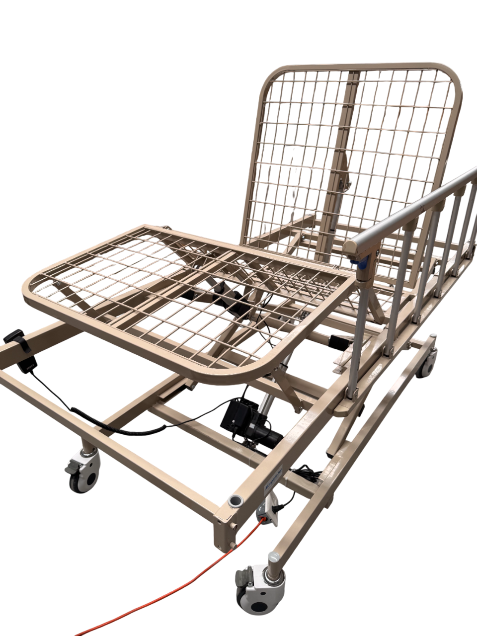 Cama de Hospital Eléctrica de 3 Posiciones | Estructura de Acero, Soporta hasta 150kg (Detalles estéticos, en barandal y control)