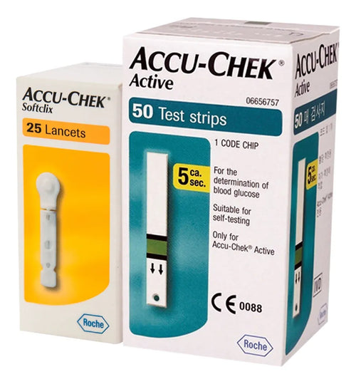 Kit 50 Tiras Reactivas Accu-Chek Active + 25 Lancetas Accu-Check Softclix para Medir Niveles de Glucosa