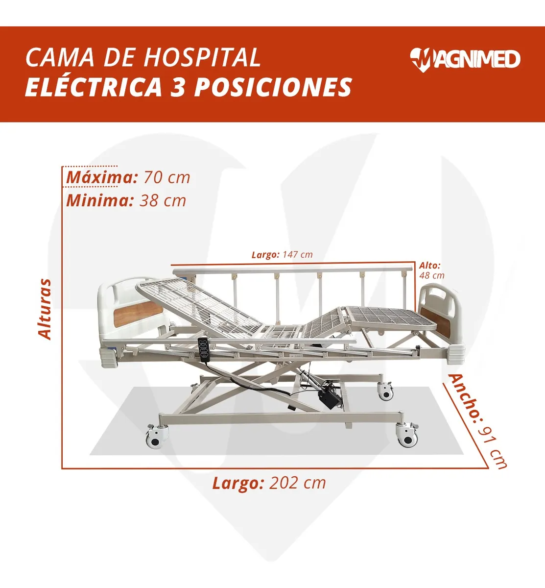 Cama de Hospital Eléctrica de 3 Posiciones | Estructura de Acero, Soporta hasta 150kg (Detalles estéticos y en barandal)
