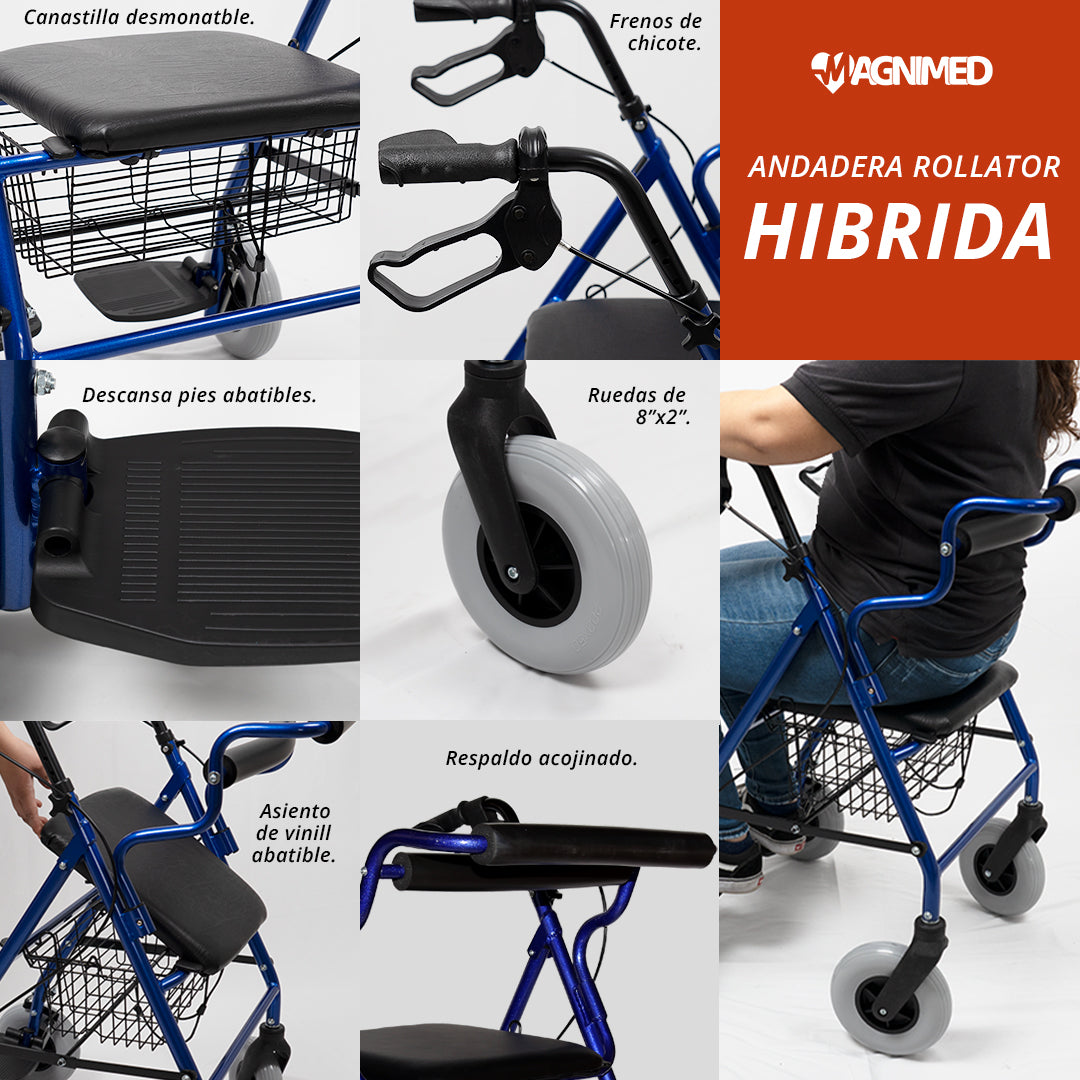 Andadera Rollator Hibrida De Aluminio Con Canastilla Plegable Altura Ajustable