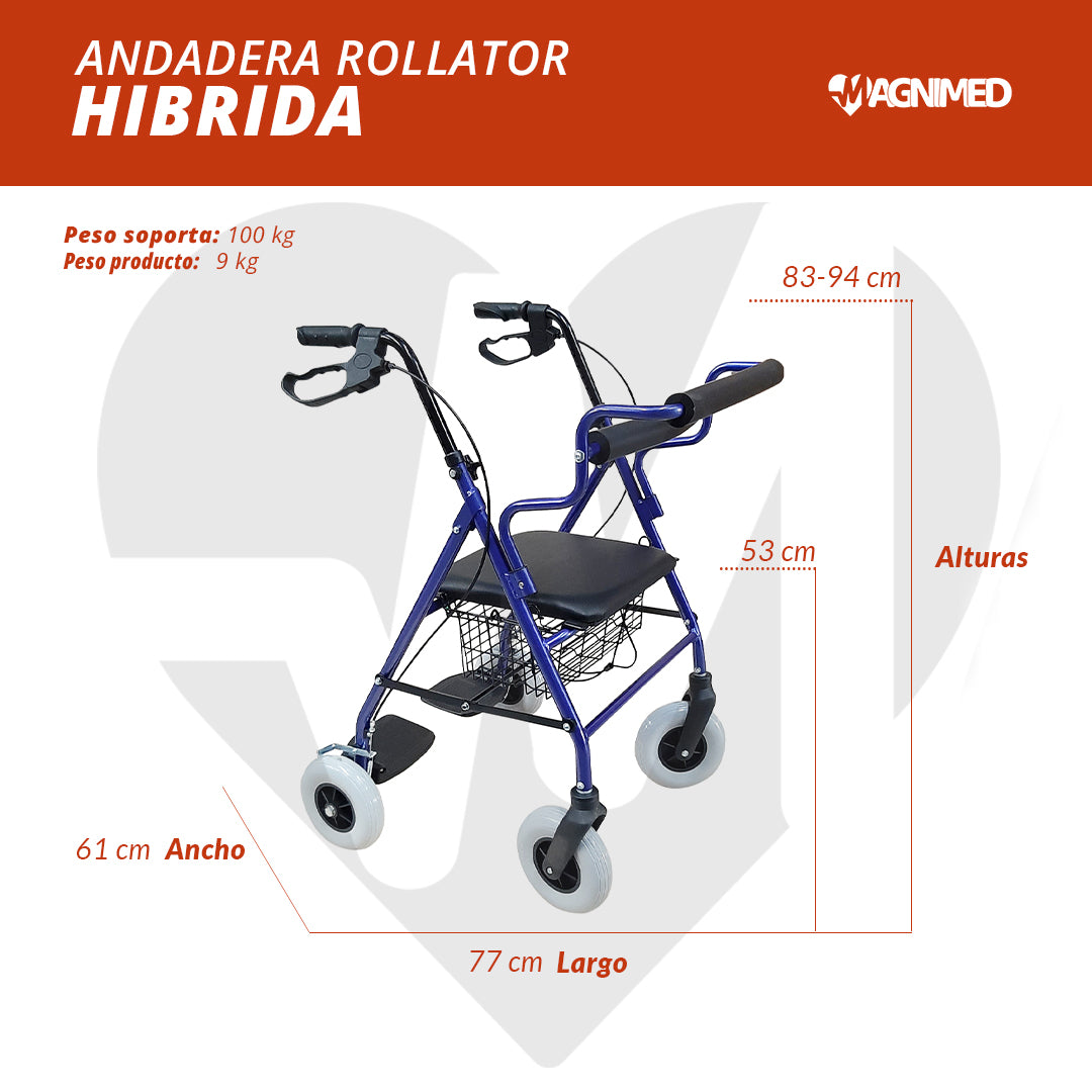 Andadera Rollator Hibrida De Aluminio Con Canastilla Plegable Altura Ajustable