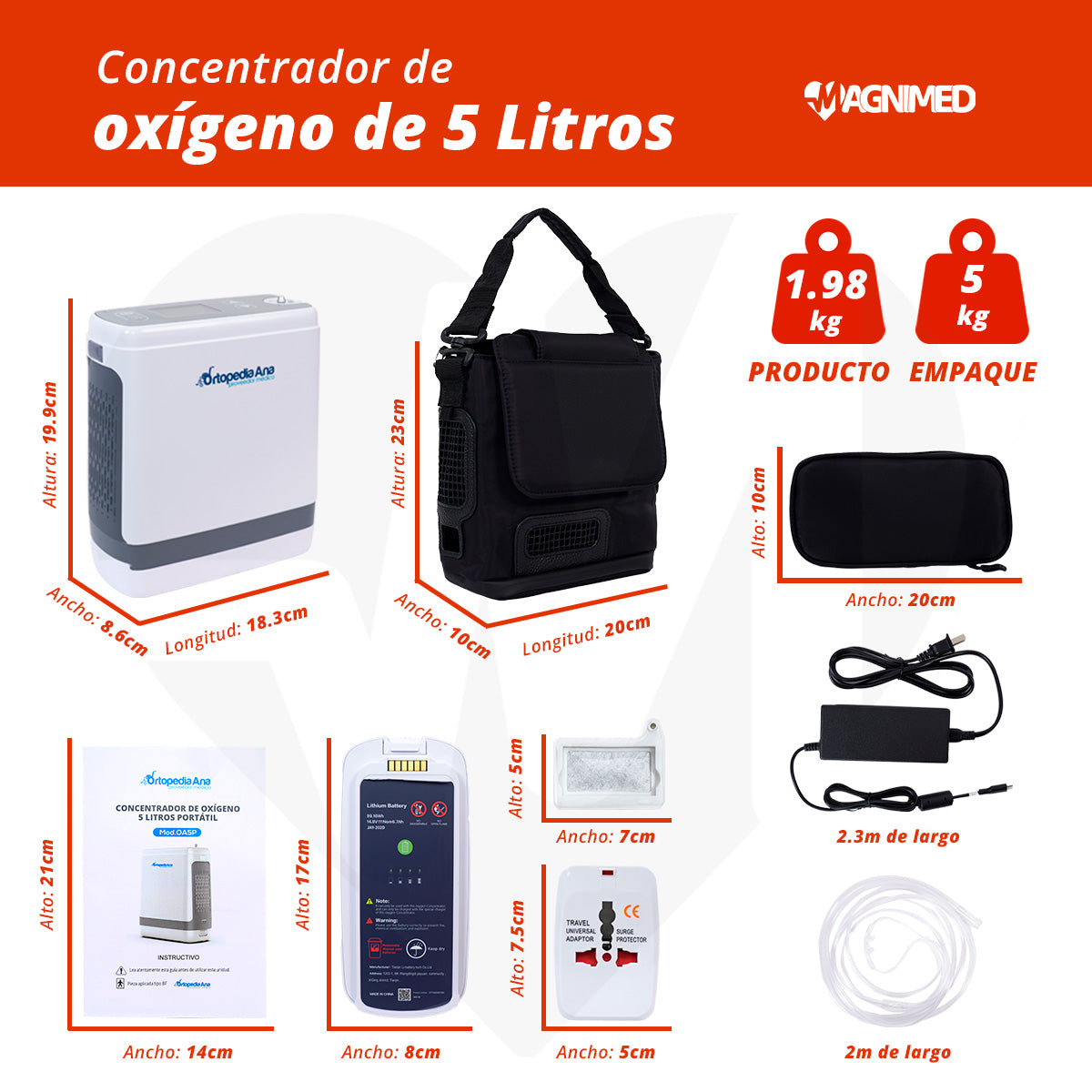 Concentrador De Oxigeno 5 Litros Portátil Con Batería De Repuesto Incluida