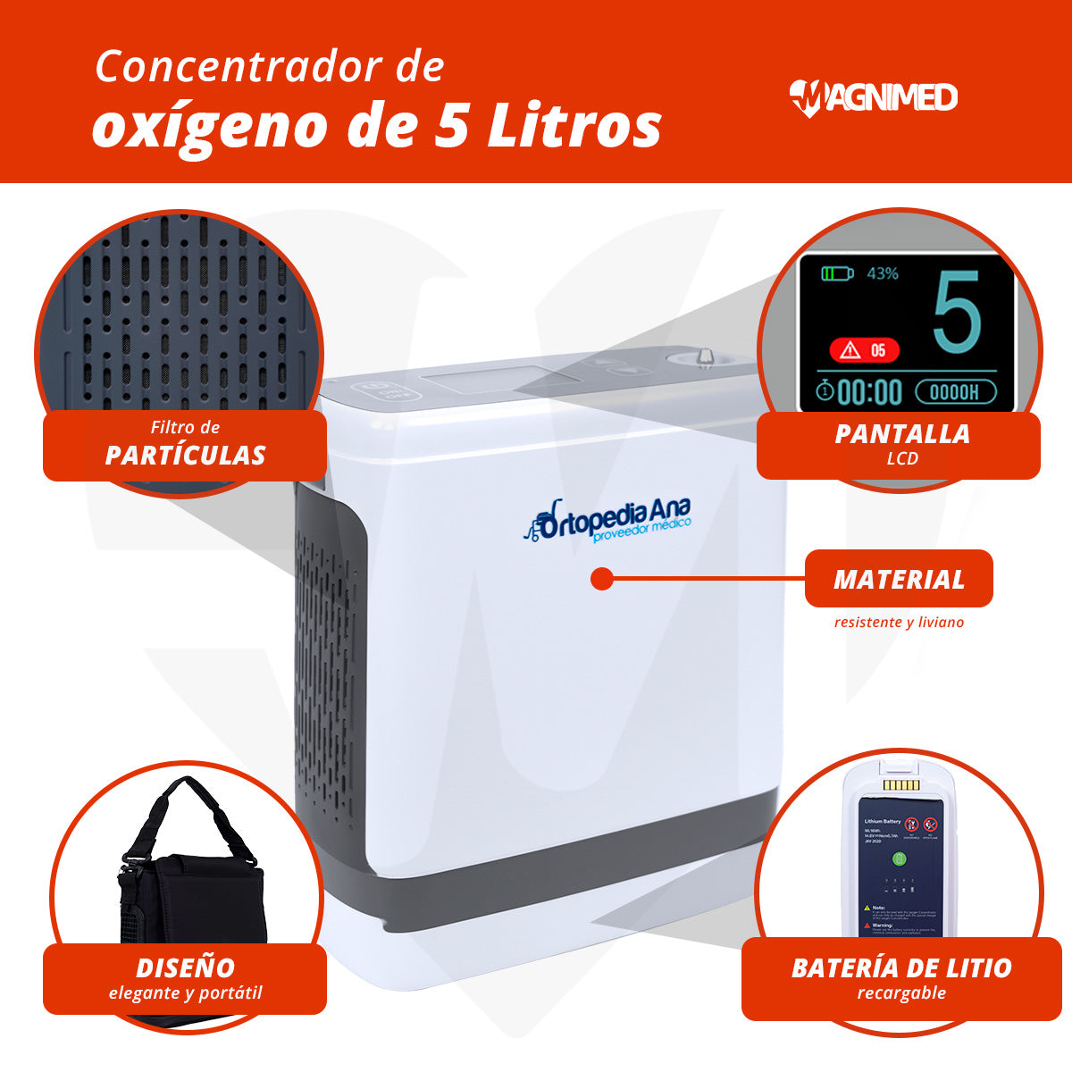 Concentrador De Oxigeno 5 Litros Portátil Con Batería De Repuesto Incluida