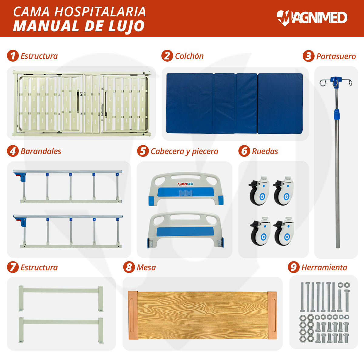 Cama de Hospital Manual de Lujo con Barandales, Porta Suero y Mesa para Alimentos | Acero inoxidable, Soporta hasta 150 Kg