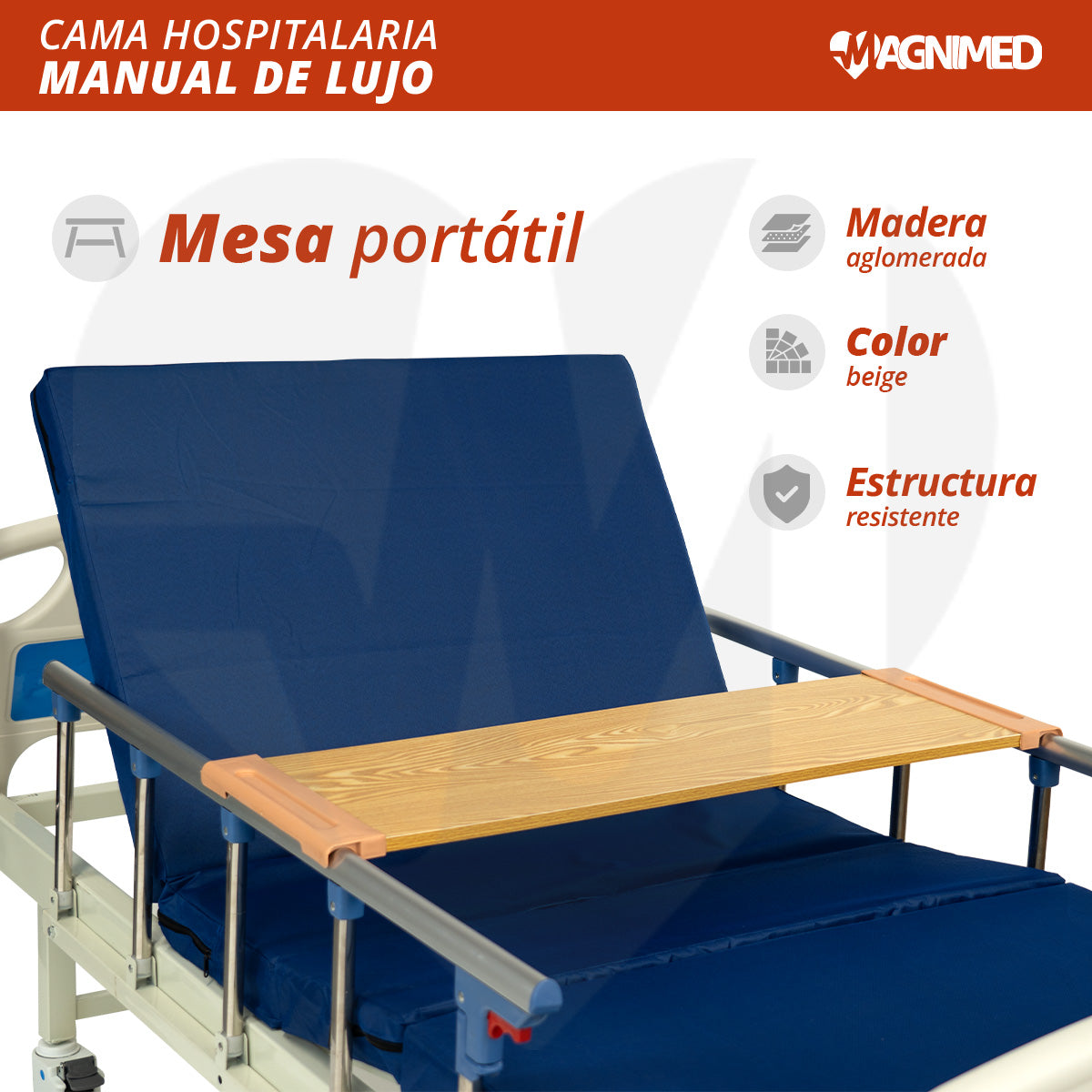 Cama de Hospital Manual de Lujo con Barandales, Porta Suero y Mesa para Alimentos | Acero inoxidable, Soporta hasta 150 Kg