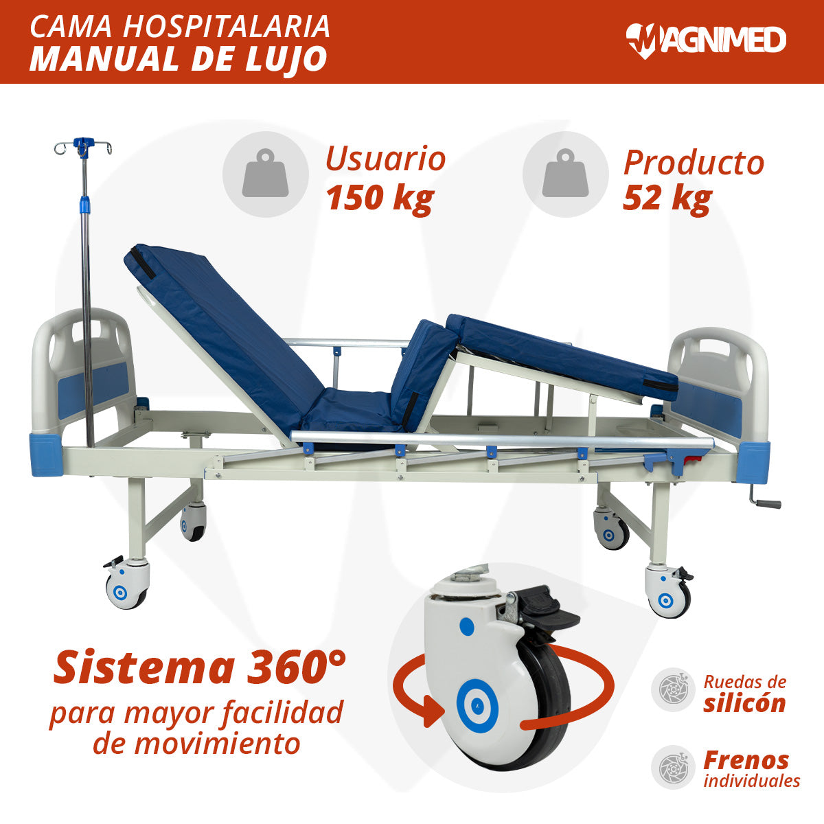 Cama de Hospital Manual de Lujo con Barandales, Porta Suero y Mesa para Alimentos | Acero inoxidable, Soporta hasta 150 Kg