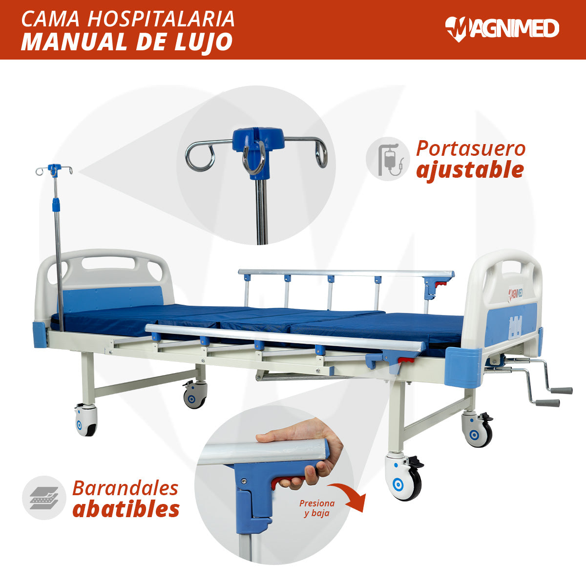 Cama de Hospital Manual de Lujo con Barandales, Porta Suero y Mesa para Alimentos | Acero inoxidable, Soporta hasta 150 Kg