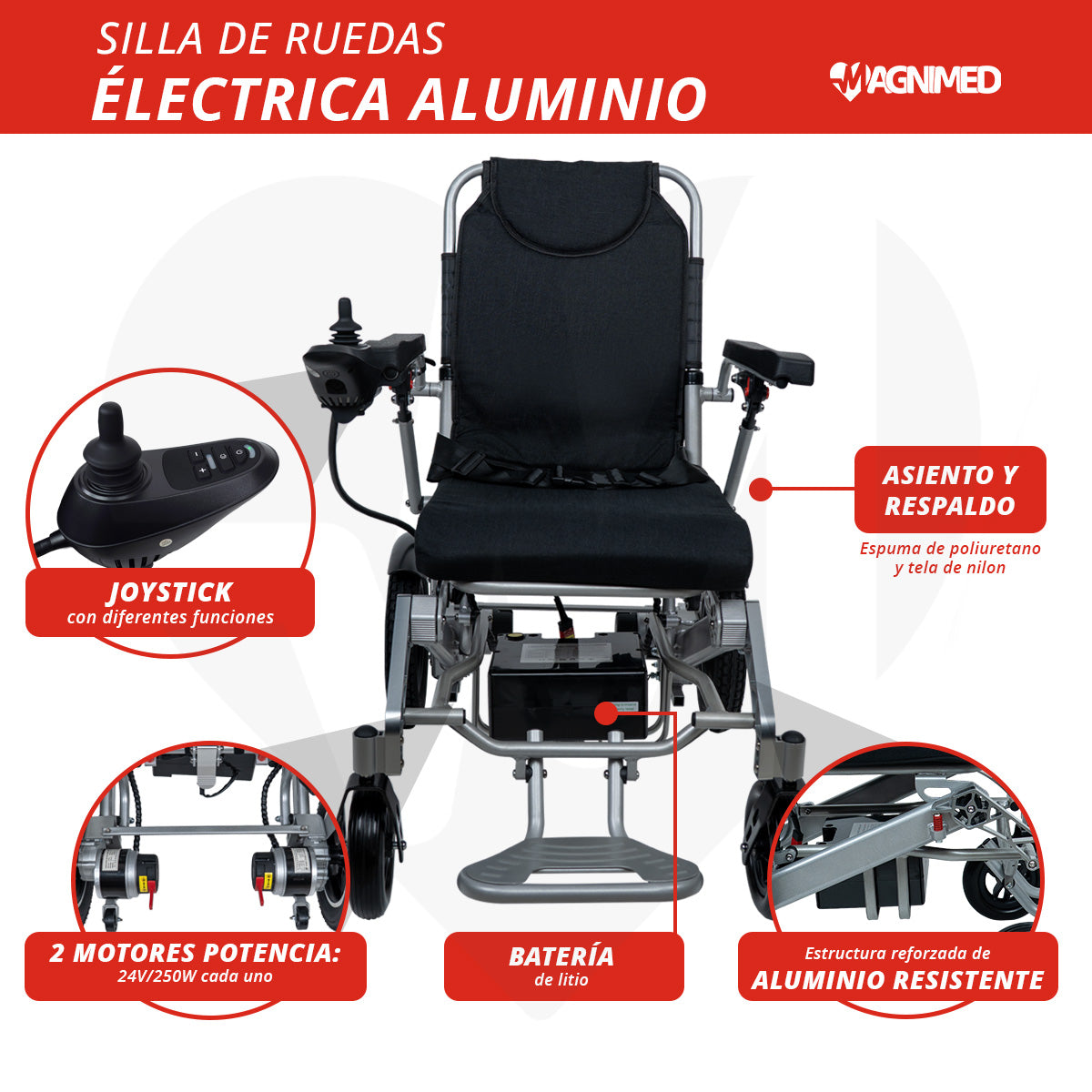 Silla de Ruedas Eléctrica Plegable | Todo Terreno, Estructura de Aluminio, Respaldo Acojinado y Control