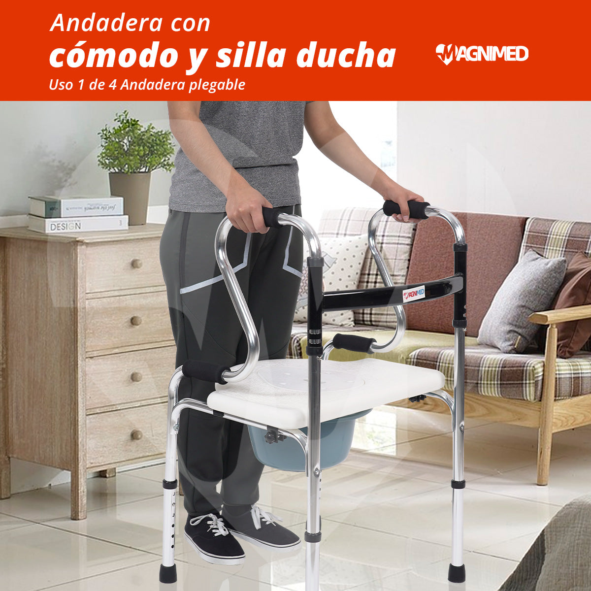 Botón de presión y orificios de ajuste de altura en las patas de la andadera ortopédica.