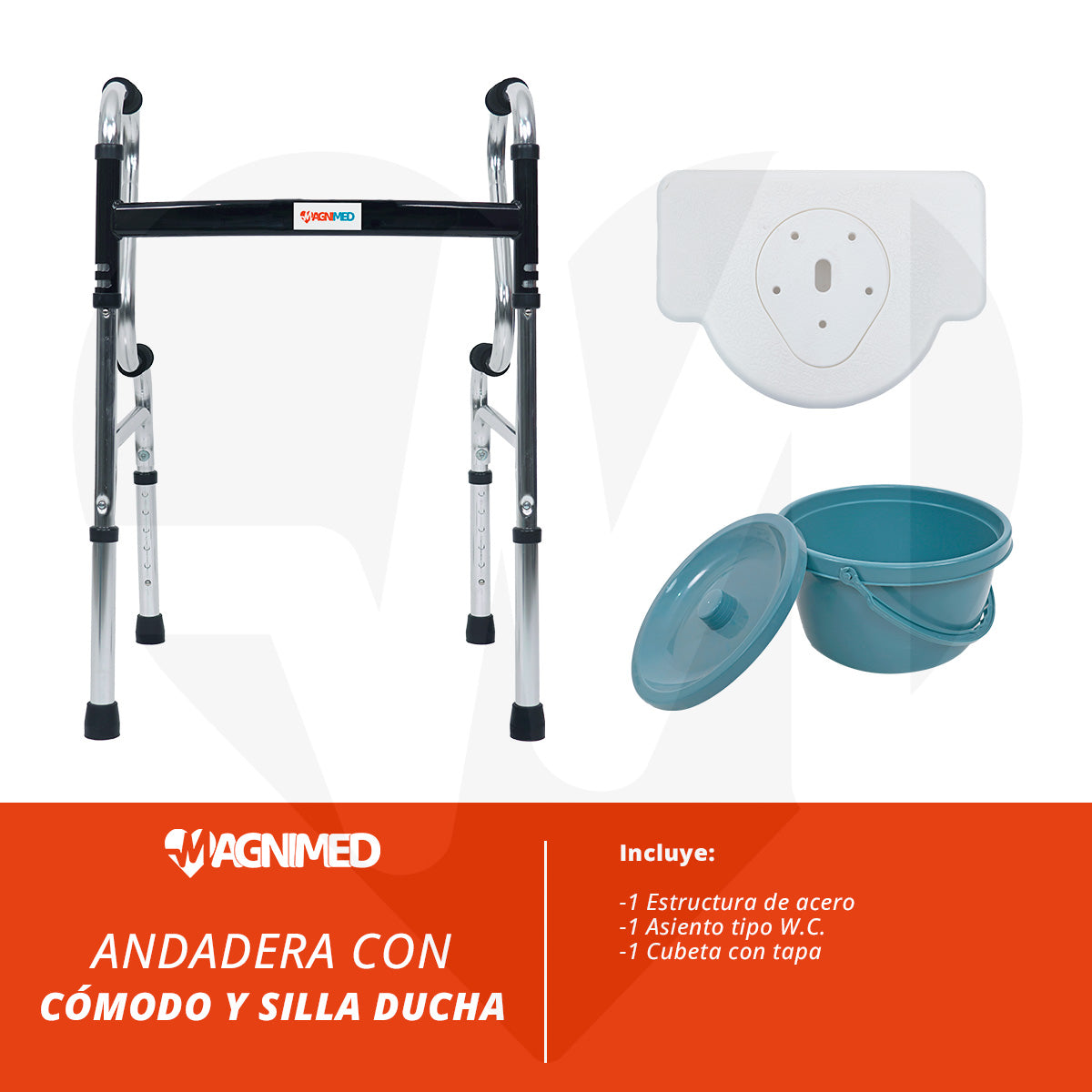 Cubeta inodoro de plástico con asa siendo removida de la estructura de la andadera OAACC001B.