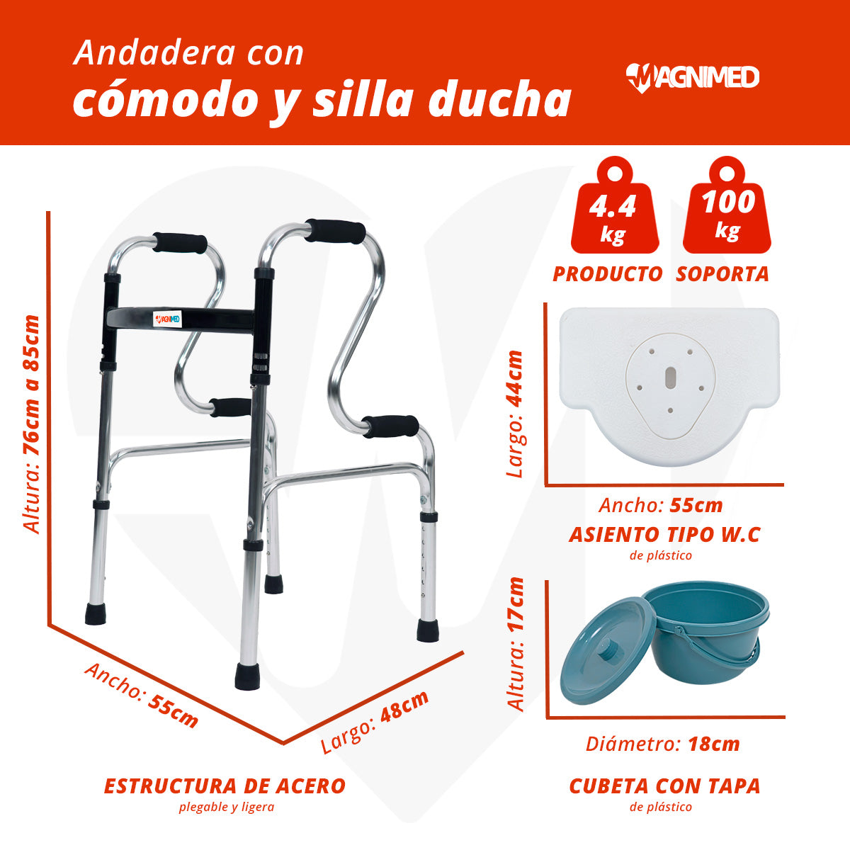 Accesorios de la andadera OAACC001B: Cubeta sanitaria removible con tapa y asa de transporte.