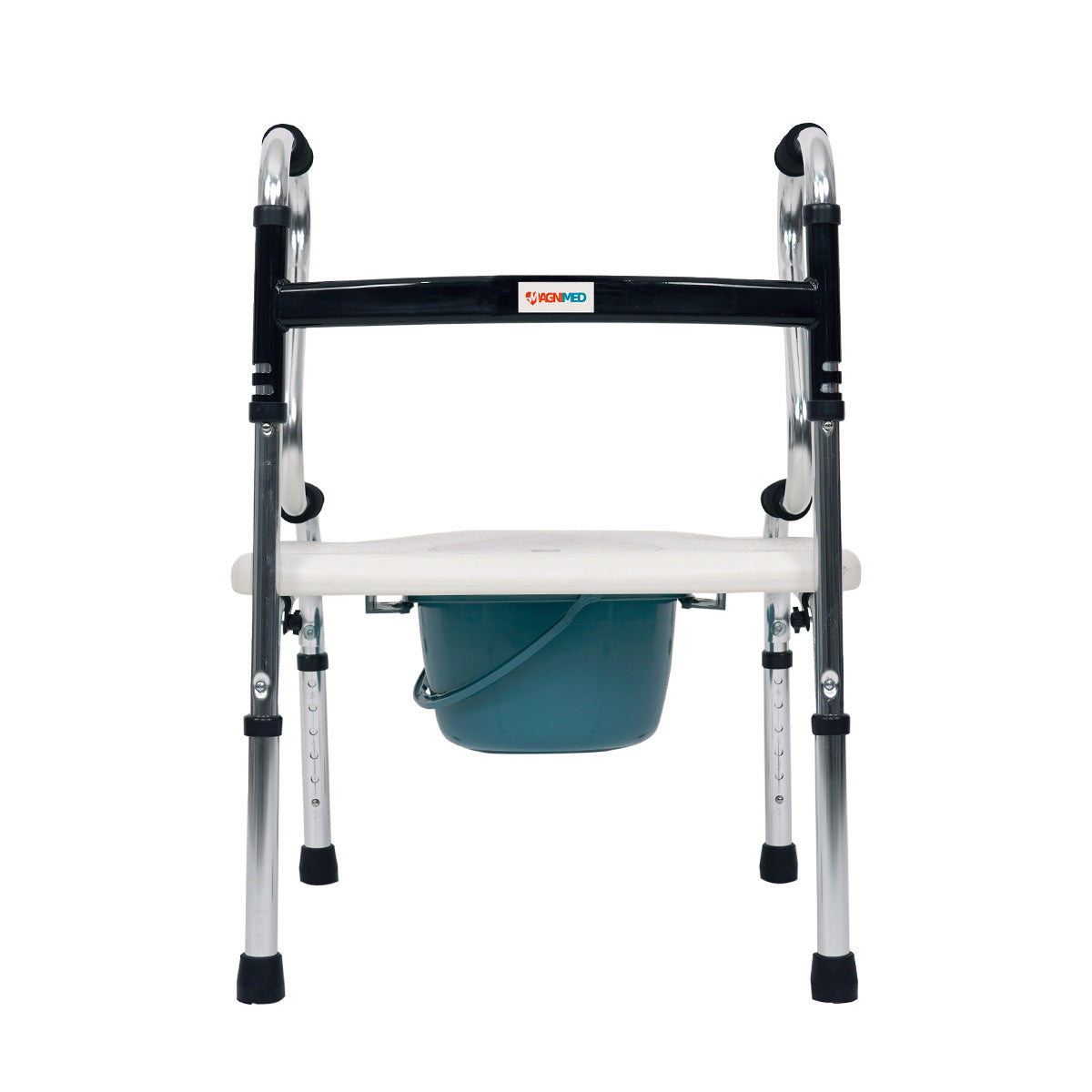 Andadera plegable de acero con asiento inodoro y cubeta removible modelo OAACC001B.