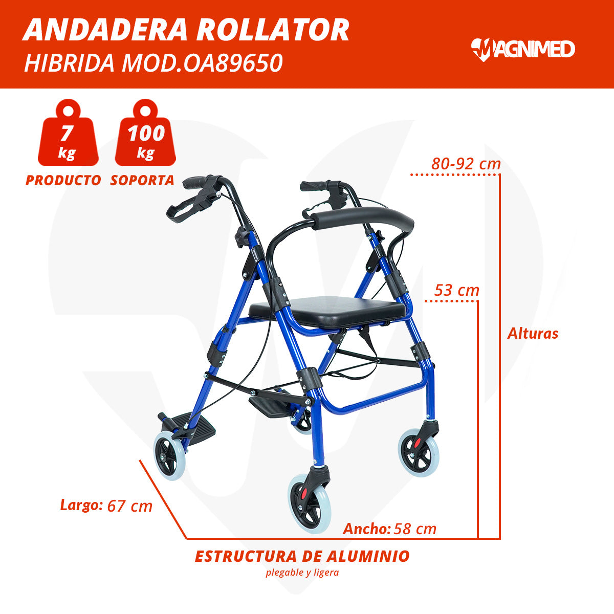 Frenos de mano de manillar ergonómico en andadera rollator de aluminio.