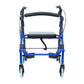 Andadera rollator de aluminio azul convertible a silla de traslado con descansapiés.