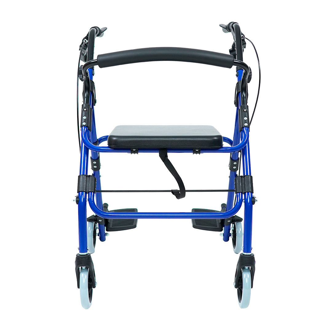 Andadera rollator de aluminio azul convertible a silla de traslado con descansapiés.