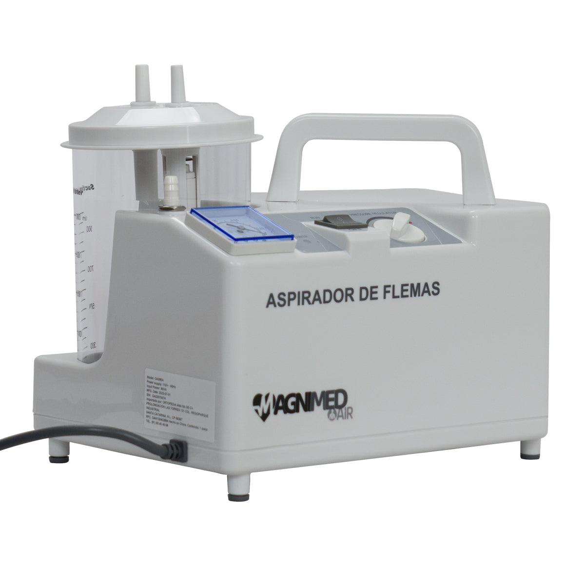 Succionador de secreciones médico con vaso recolector y manómetro graduado.