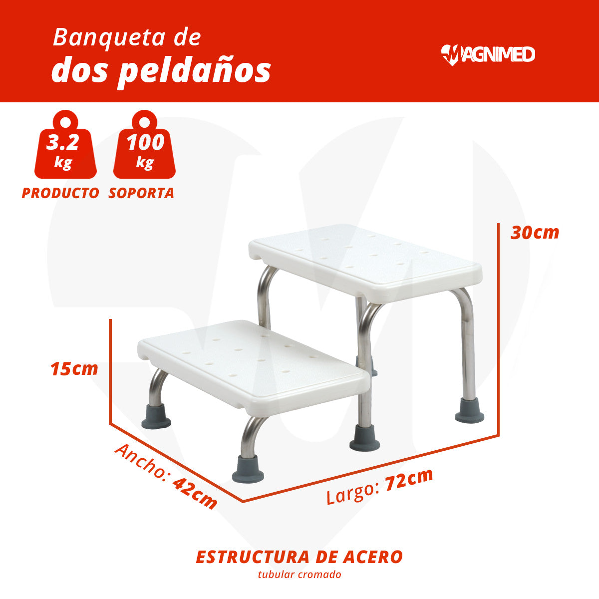 Estructura de acero resistente y duradera para escalón doble médico.