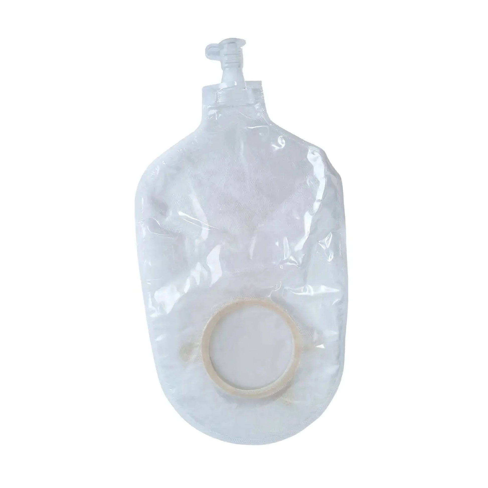 Bolsa transparente para urostomía con válvula de drenaje Sanezy vista frontal.
