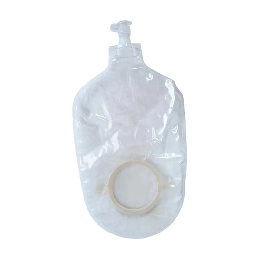 Bolsa transparente para urostomía con válvula de drenaje Sanezy vista frontal.