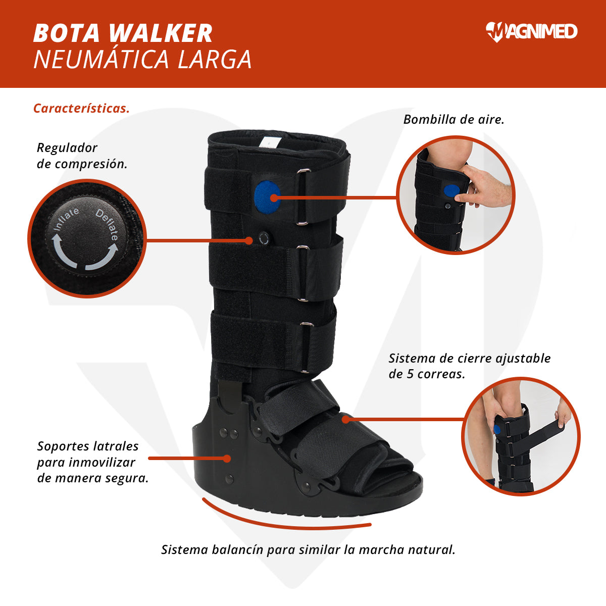 Vista lateral de la bota walker neumática alta para rehabilitación ortopédica.