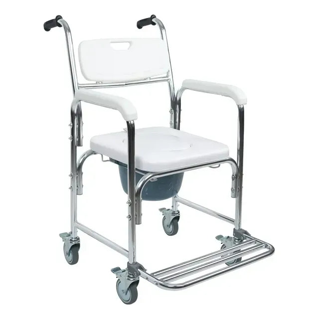Silla Cómodo 3 en 1 con Ruedas | Silla Ducha para Baño WC, Estructura de Acero, Descansapiés y Ruedas con Bloqueo