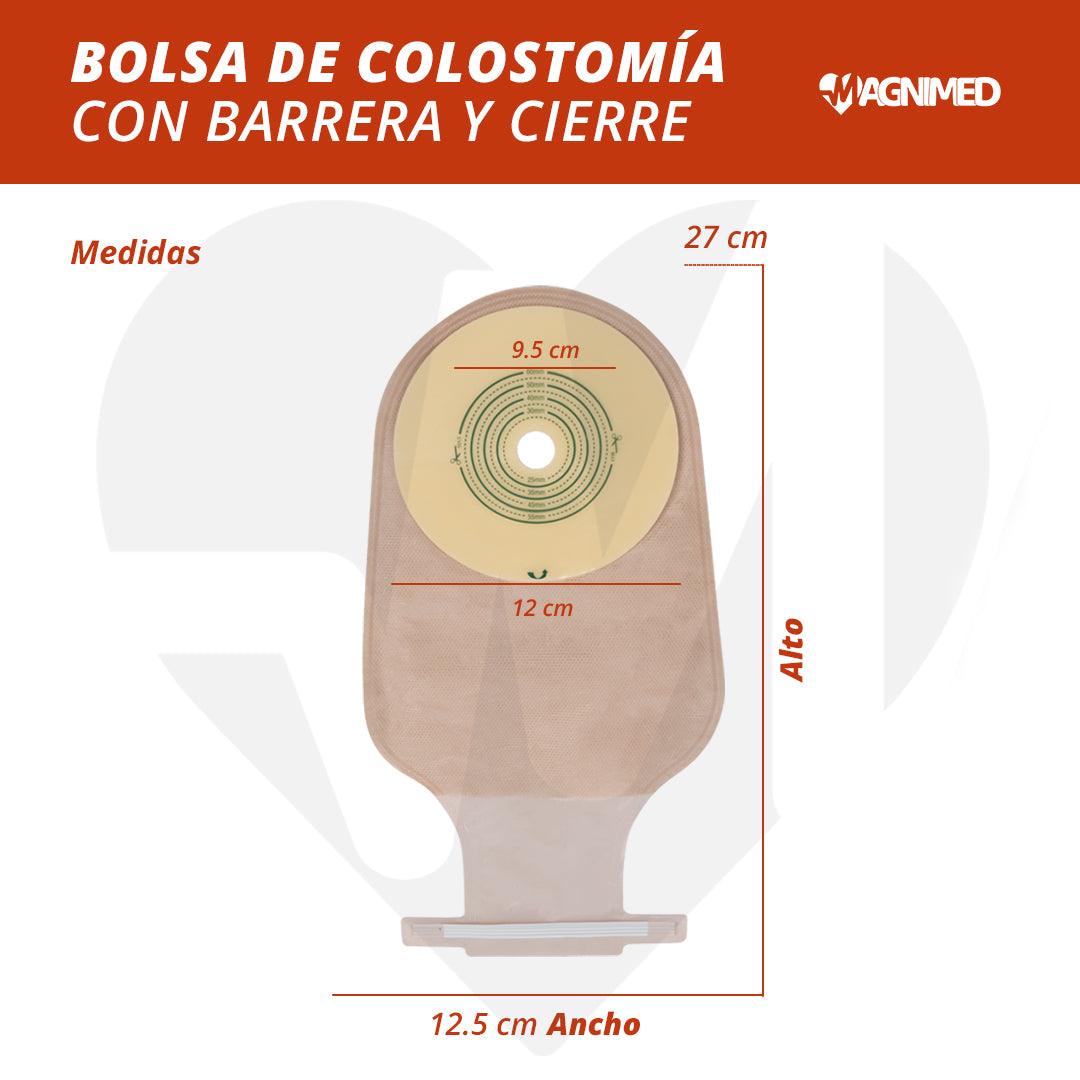 Sistema de cierre de seguridad para vaciado fácil e higiénico en bolsas de ostomía.