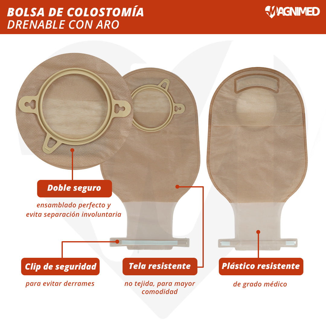 Apertura inferior para vaciado higiénico en bolsas de ostomía del kit de 20 piezas.