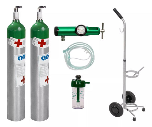 Kit 2 Tanques de Oxígeno 682 Litros | Incluye Carrito de Transporte y Accesorios (Cánula, Válvula y Vaso Humidificador)