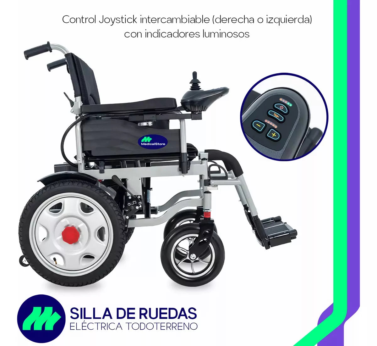 Control Joystick intercambiable (derecha o izquierda) con indicadores luminosos.